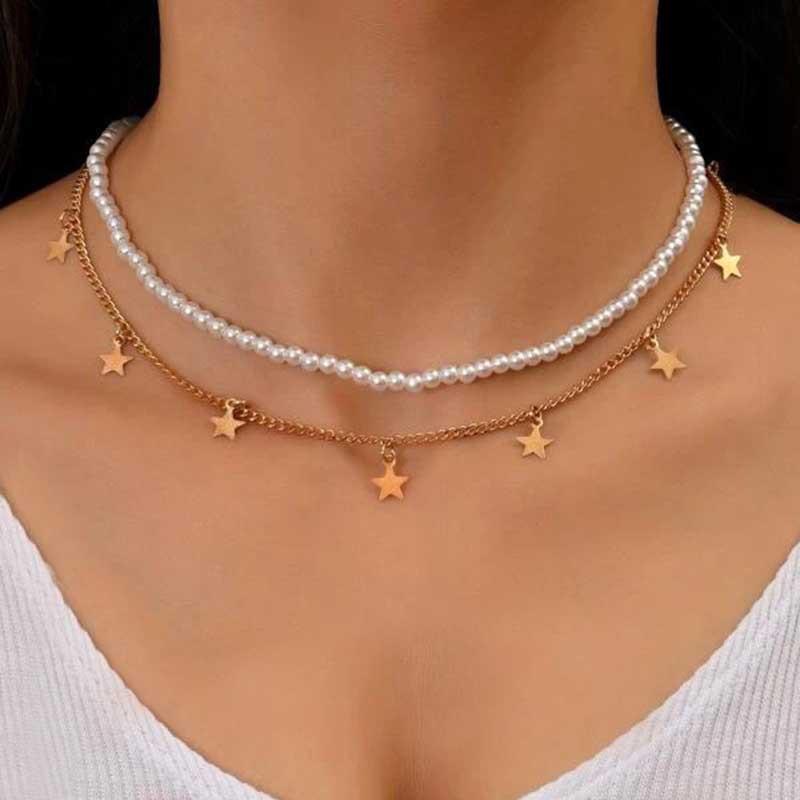 

Pendant Necklaces Trend Imitation Pearl Beaded Necklace Simple And Sweet Hip-hop Star Tassel Double Clavicle Chain Women Gift