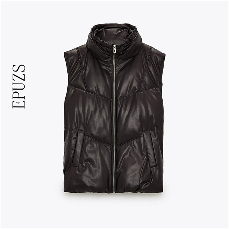 

fashion PU Faux leather jacket women sleeveless thick coat streetwear spring winter zipper ZA 210521, Black