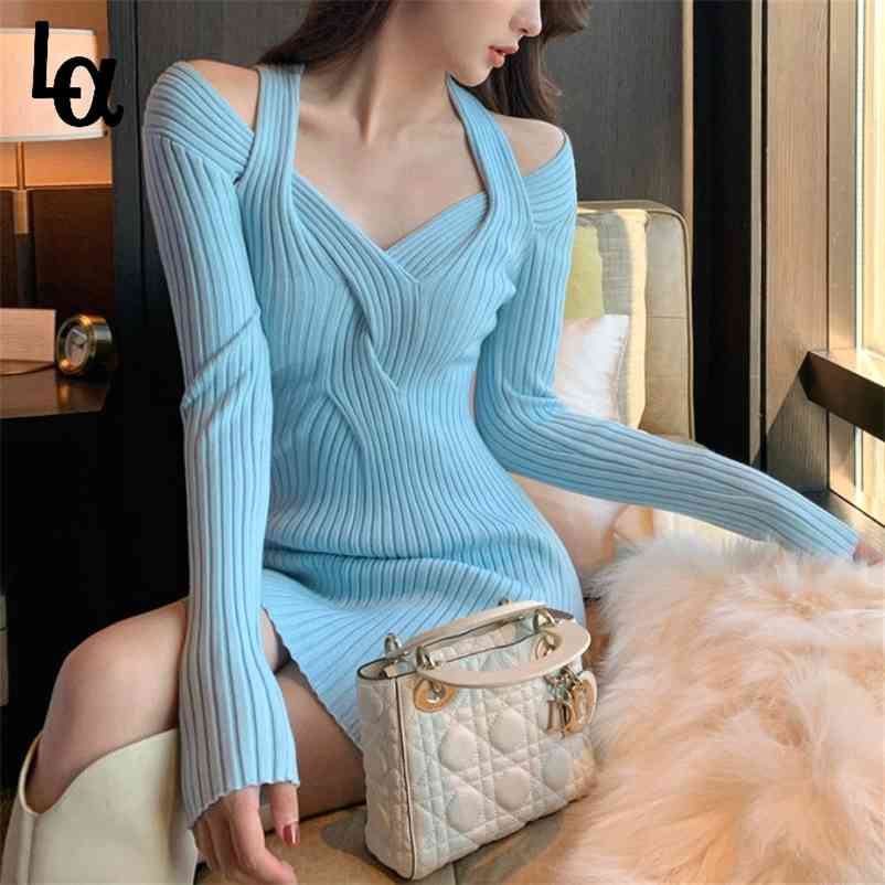 

Slim Sexy Party Dress Women Spring Casual Long Sleeve Knit Korean Evening Elegant Mini Sweater 210519, White