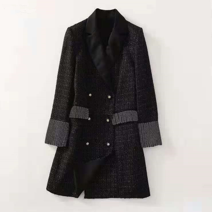 

Wool & Blends European and American women' autumn 2021 new Long sleeve collar Hot drilling Fashionable black woolen coat