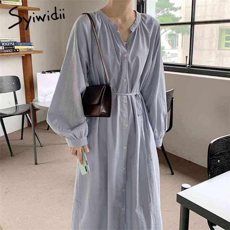 

Long Sleeve Big Shirt Dress Women Summer Office Lady Causal Button Up Cotton Dresses With Belt Blue Beige 210607, Apricot