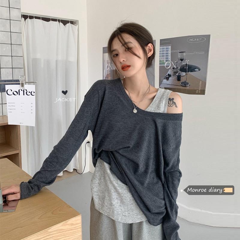

Women's T-Shirt Lazy Long Sleeve Off Shoulder Sweater Early Autumn Thin Coat 2021 Korean Chic Top, Dark grey vest