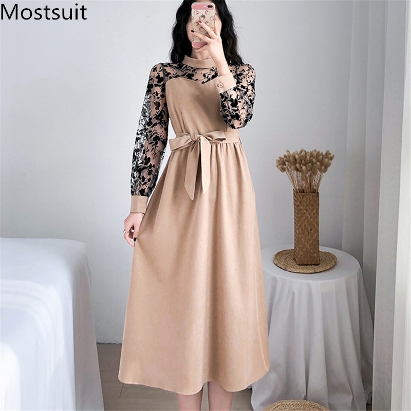

Lace Patchwork Women Long Dress With Belt Spring Full Sleeve O-neck Elegant Vintage Fashion Vestidos Mujer 210518, Black