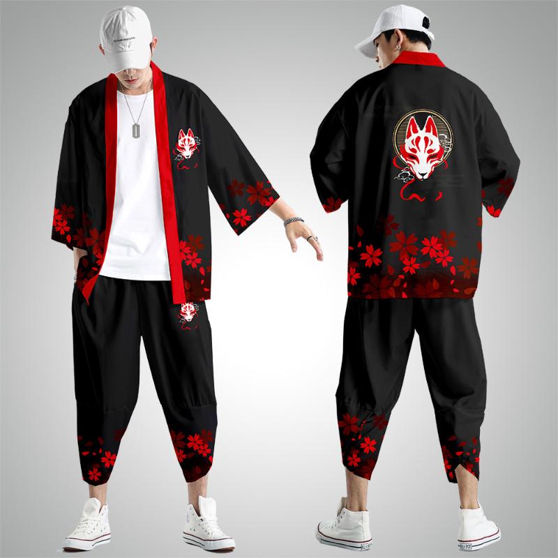 

Ethnic Clothing Cardigan Set Men Black Print Kimono Japanese Yukata Samurai Casual Loose Streetwear Jacket Pant Suit XS-6XL