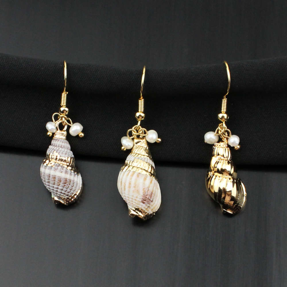 

earrings fashion Gold Plated Conch Shell Earrings personality creativity freshwater pearl earrings female, Golden