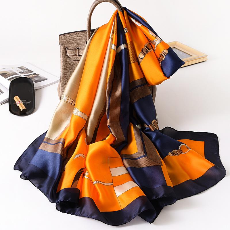 

Scarves Women Imitation Silk Scarf Retro Chain Print Shawls Office Lady Soft Wraps Female Headscarf Beach Towel 90x180cm