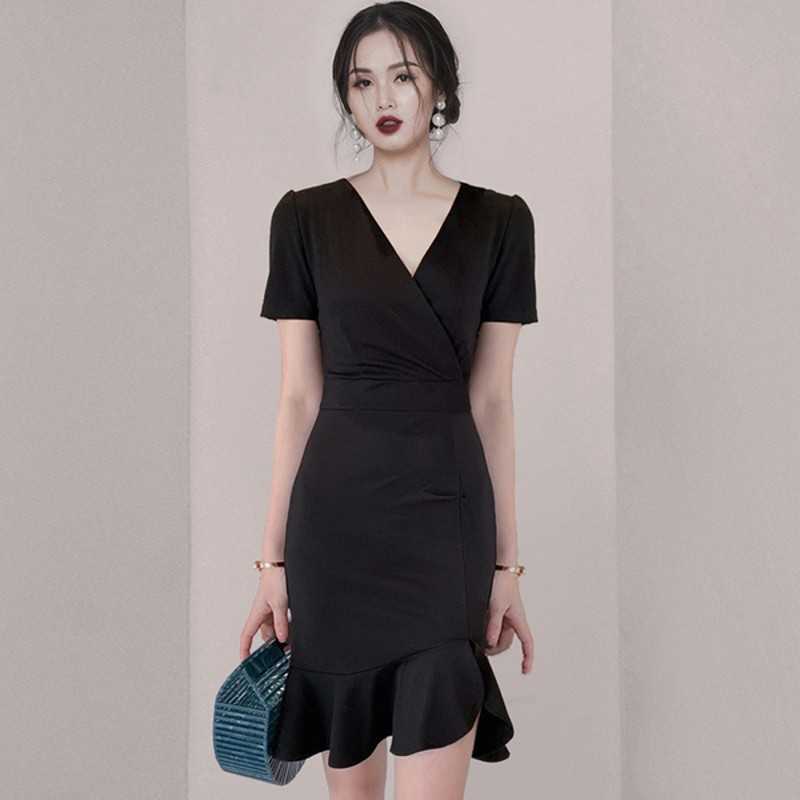 

Vintage Black Short Sleeve Ruffles Mermaid Dress Summer Elegant V-Neck Office OL Slim Party Vestidos 210526, Photo color