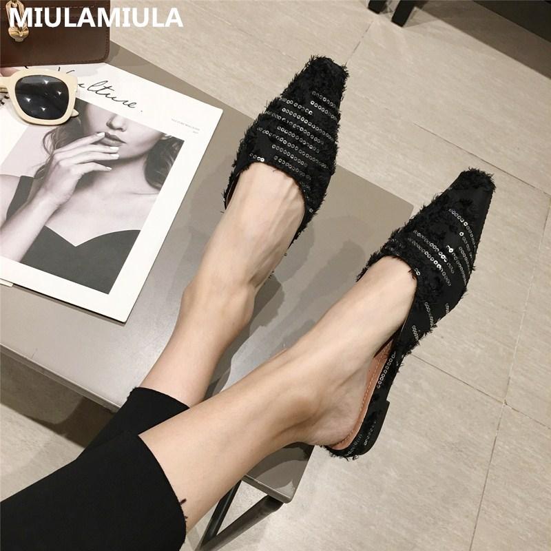 

Spring Fashion Bling Square Toe Flat Slippers Brand Designer Socofy Shoes Woman Slip On Loafers Mules Flip Flops Casual, Black