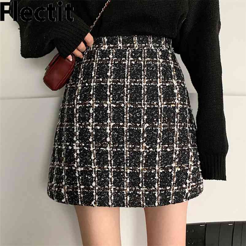 Flectit Fall Winter Plaid Wool Skirt Womens Plus Size Thick Woolen Glitter Tweed Mini Skirt Saia Feminina 210412Z