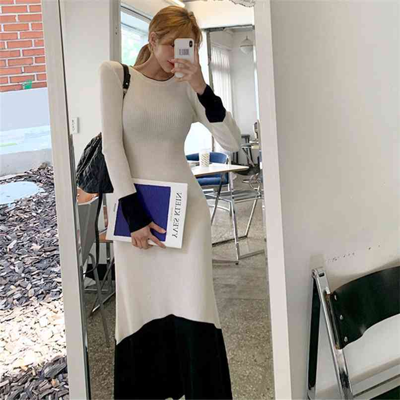 

Irregular stitching contrast color Korean slim stretch dress sexy elegant lady long skirt spring 210520, Creamy-white