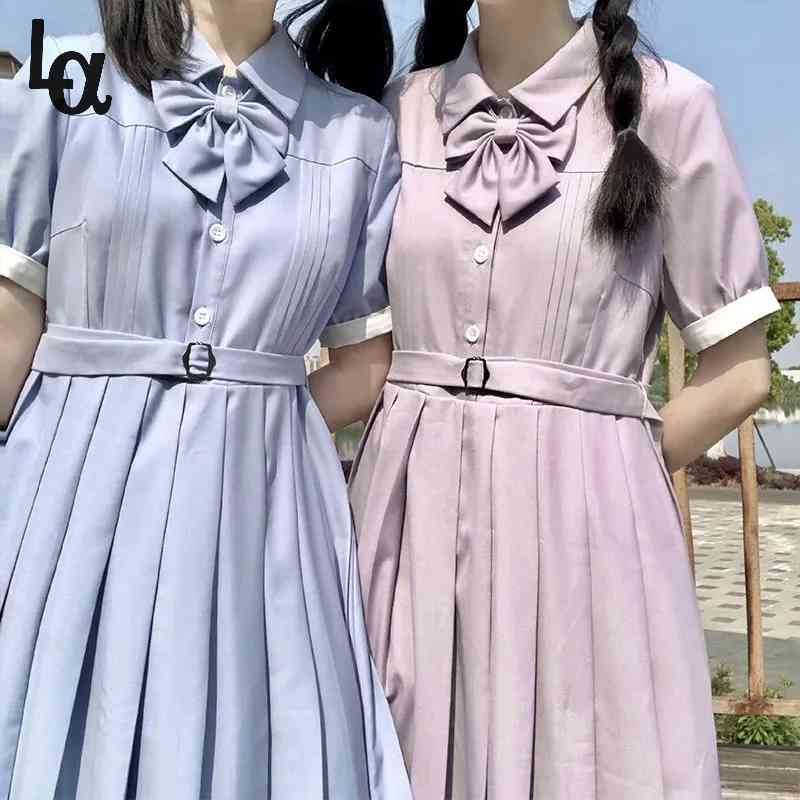 

Summer Women Preppy Style Bow A-line Dress Female Blue Purple Botton Short Sleeve Cute Turn Down Collar Jk 210519, Model g purple