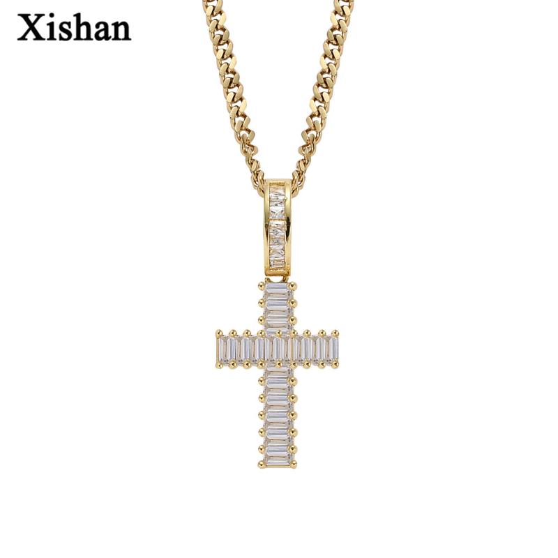

Pendant Necklaces Fashion One Piece Mini Baguette Cross Necklace For Women Men Cubic Zircon Men's Hip Hop Rock Jewelry
