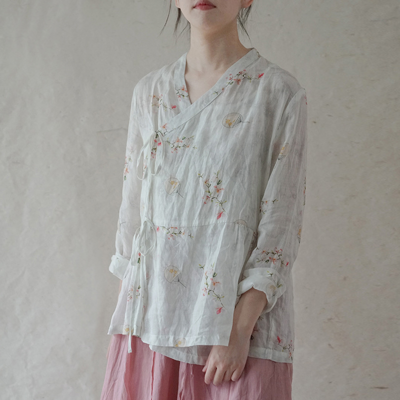 

Johnature Women Print Floral Ramie Shirts And Tops V-Neck Long Sleeve Blouses Summer Belt Vintage Shirts Female Shirts 210521, White