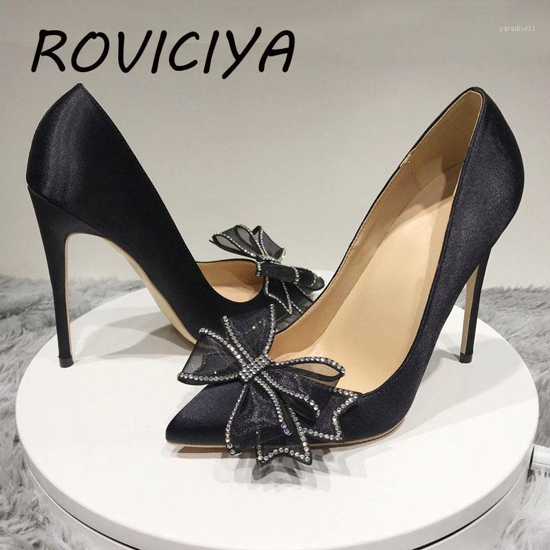 

Dress Shoes Bow 12cm Pumps Spring Pointed Toe High Heels Ladies Shallow Women Party Evening Nightclub Silk Black BM022 ROVICIYA, 8cm
