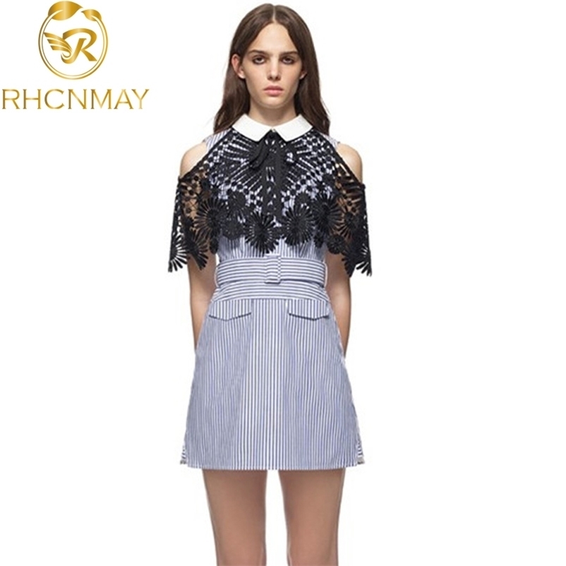 

Women Dress High Quality Self Portrait Cloak Sleeves Sashes Striped Sexy Mini Casula Sweet Style Party Vestidos 210520, Sky blue