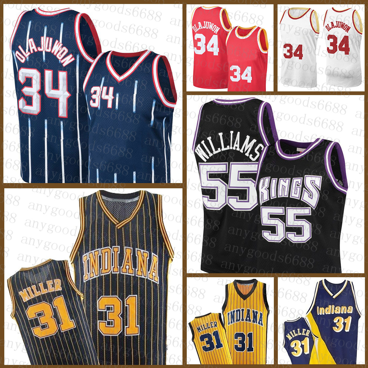 

Indiana Houstons Rocket Pacer Sacramentos King Mens Basketball Jersey Hakeem 34 Olajuwon S-2XL Reggie 31 Miller Jason 55 Williams Black