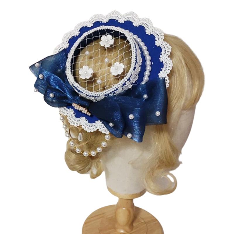 

Stingy Brim Hats K3NF Women's Lolita Flowers Shape Pearl Flat Handmade Headwear Accessories Lace Net Top For C.cktail Party Wedding, Blue;gray
