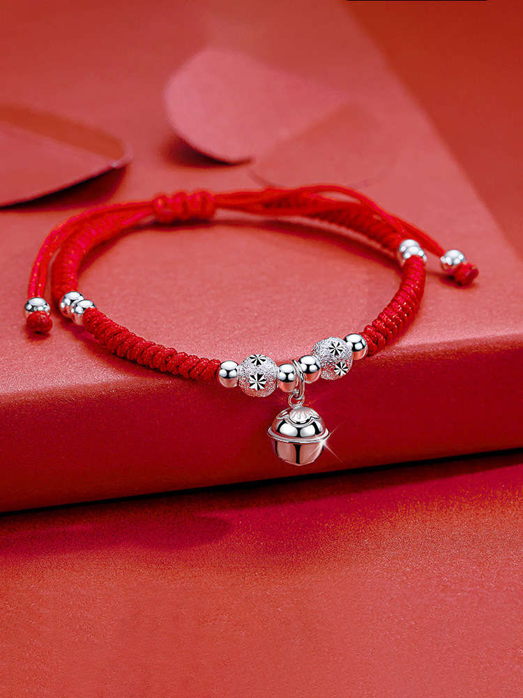

Birthday bell lovers Red Rope Silver pure silver girl man's gift a pair of lovers' knitting Bracelet, Golden;silver