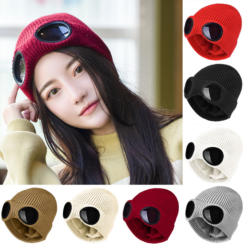 

2022 Winter warm knitted hat 2021 new fashion men and women adult windproof ski cap with glasses thickened sports multifunctional hats DD407, Multi