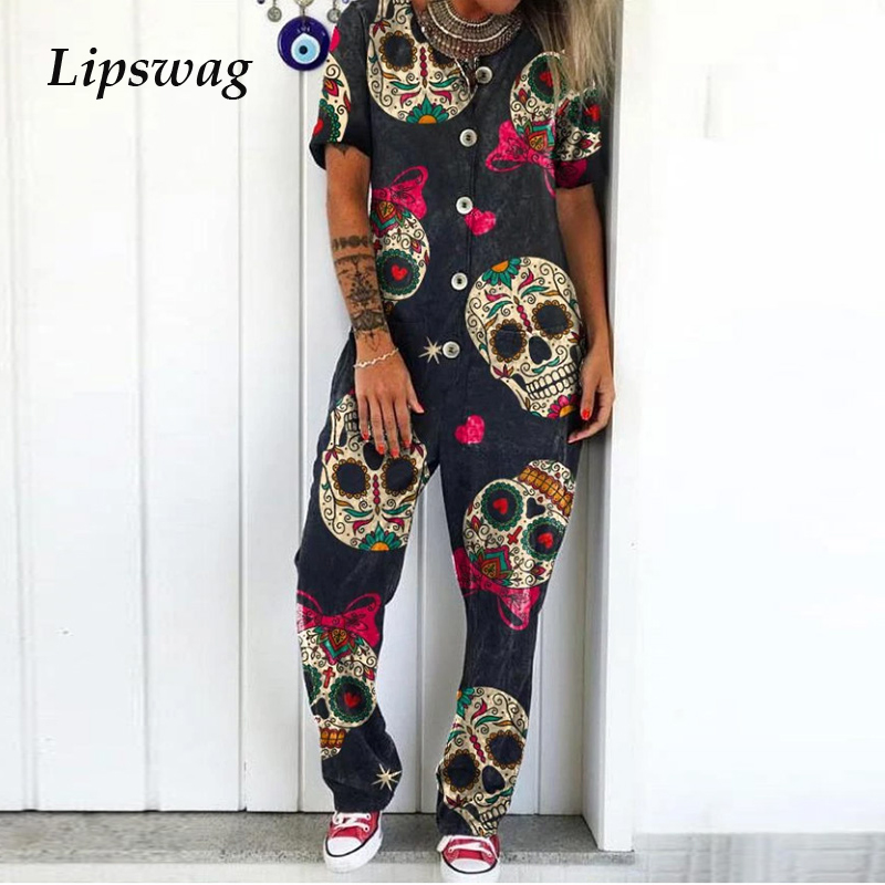 

90s Vintage Skull Print Loose Jumpsuit Women Casual Short Sleeve Overalls Romper Elegant Summer Womens Clothing 2021 Playsuits, 01 skull