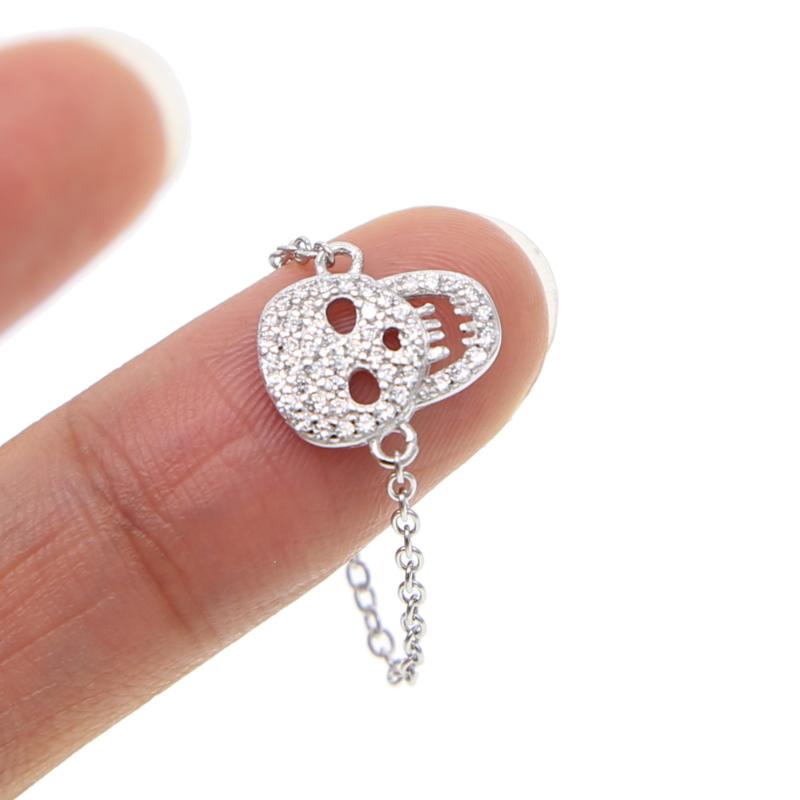 

Sterling Silver Minimalist Jewelry Skeleton Skull White CZ Paved Delicate Girl Women Chain Link Charm Ring Cluster Rings