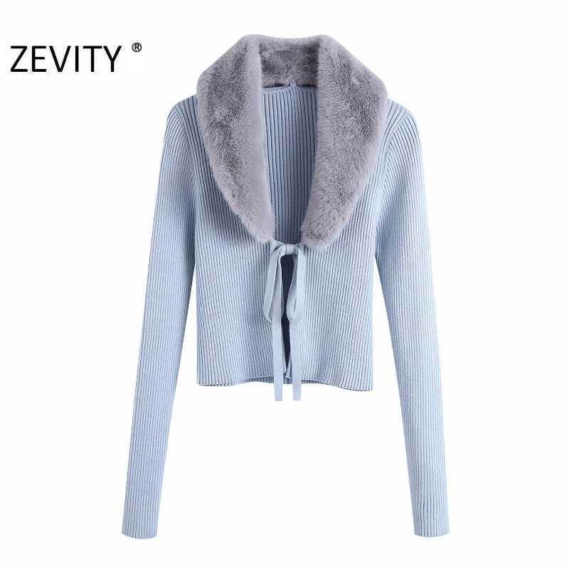 

Zevity Women Fashion Faux Fur V Neck Patchwork Lace Up Cardigan Knitting Sweater Female Chic Long Sleeve Open Slim Tops S432 210603, As pic s432bb