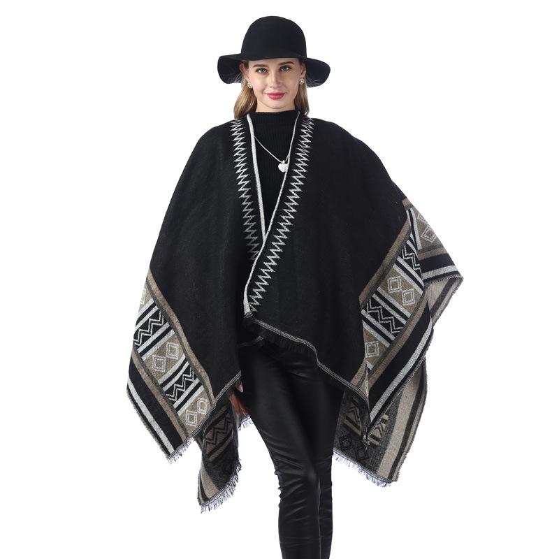 

Scarves Autumn And Winter Street Fashion Cloak Women's Plain Weave Geometric Plaid Printed Fringe Trim Imitation Cashmere Warm Shawl