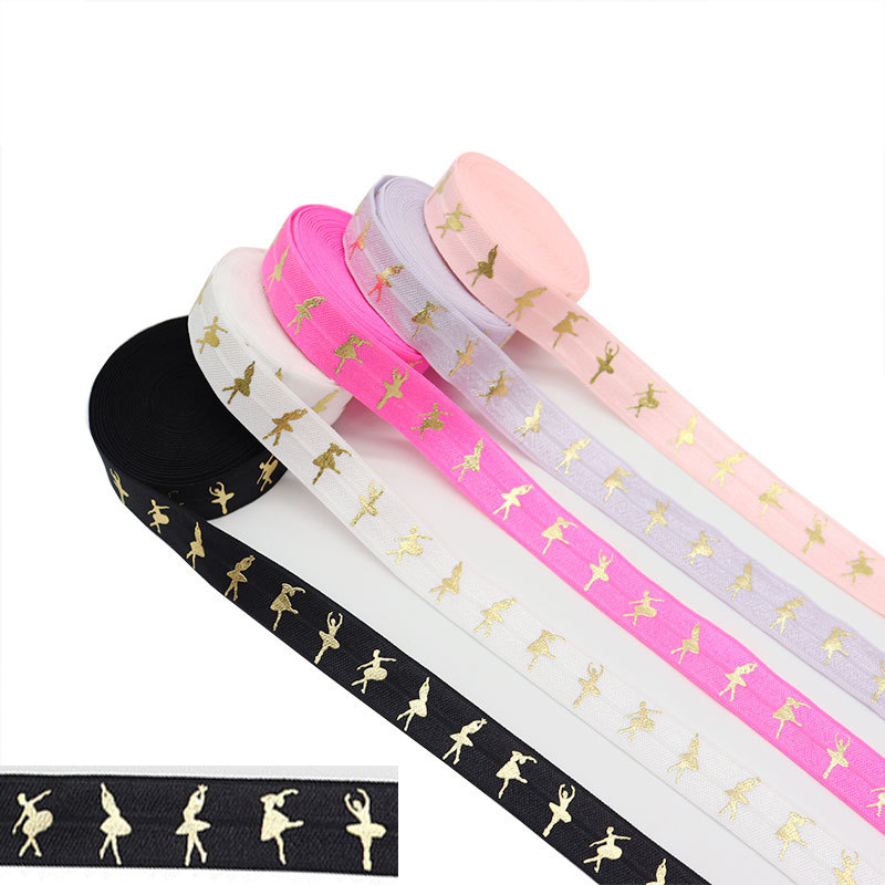 

100yards/lot Gold Foil Ballerina FOE Ribbon Dancing Girl Fold Over Elastic Hair ties accessories welcome custom design