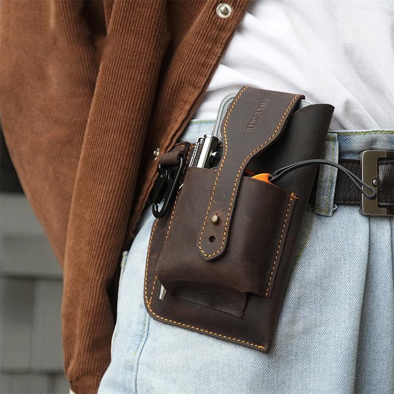 

Outdoor Bags Double Mobile Phone Holder Hanging Waist Bag Men Vintage Multi-Function Hiking Fanny Pack Male Key Pen Belt, Khaki