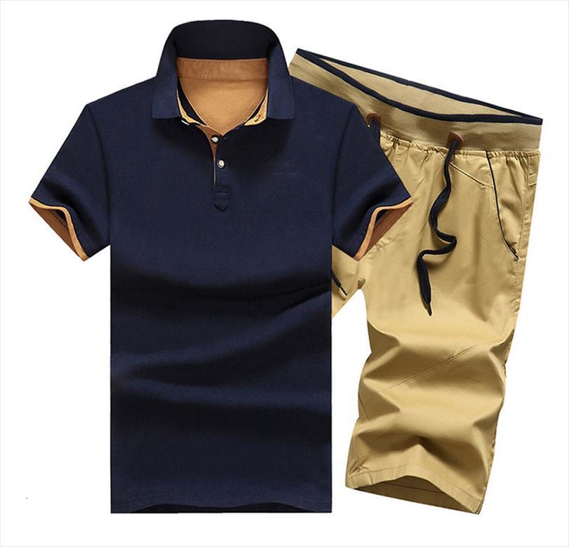 

set casual summer solid men tracksuits slim fit male 2pc poloshirts shorts sets drawstring elastic sportsuit turn down, Gray