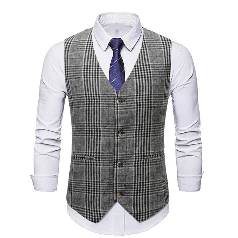 

Men's Vests For Men Slim Fit V-neck Plaid Single-breasted Suit Vest Top Casual Sleeveless Formal Business Jacket