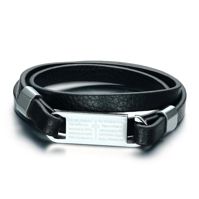 

Bangle 2021 Titanium Steel Cross Scripture Three Circles Microfiber Leather Material European And American For Men's Black Bracelet