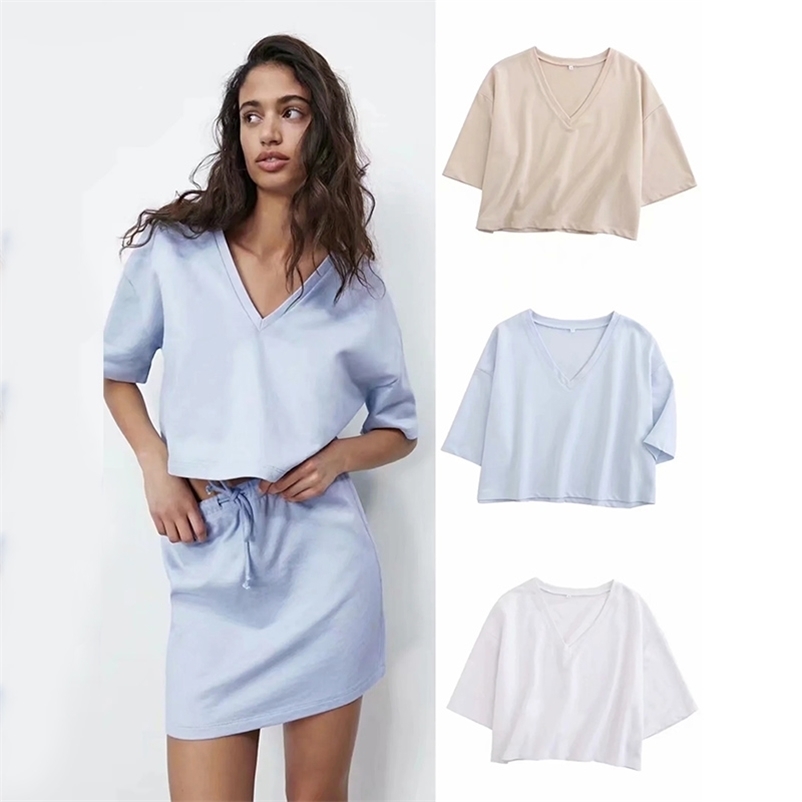 

2 peices sets for women summer Casual cotton solid v-neck short sleeve tank tops and lace up mid waist mini skirts girl 210524, Khaki