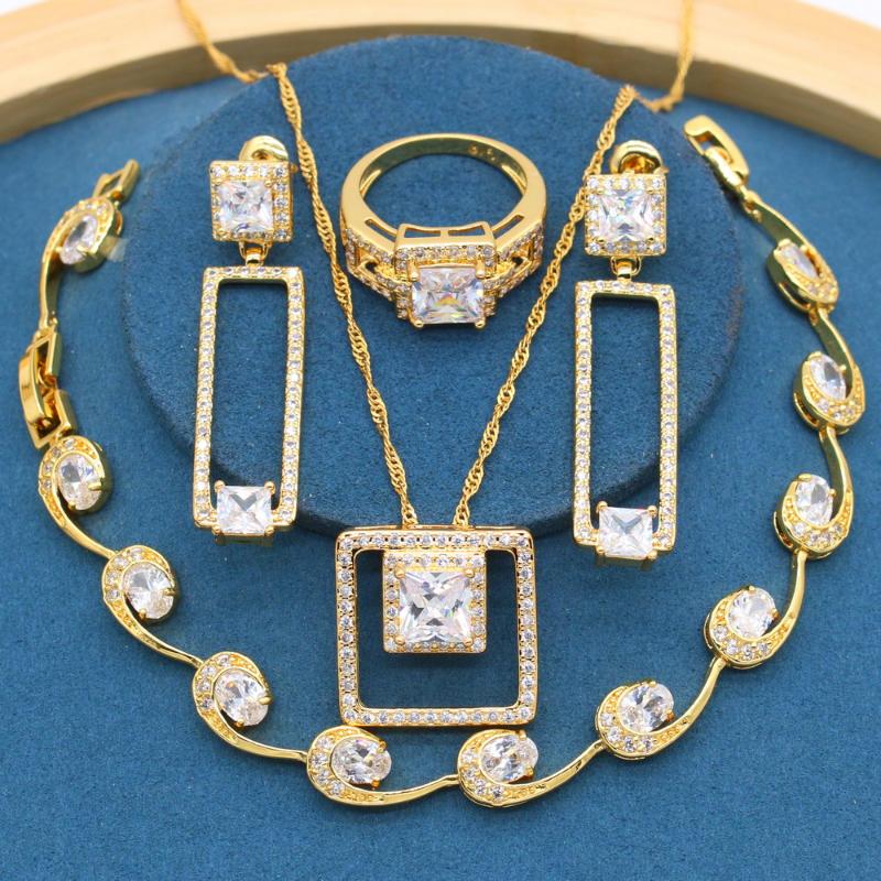 

Earrings & Necklace Geometric White Zirconia Gold Color Wedding Jewelry Sets With For Women Bracelet Ring Party Birthday Gift, Silver
