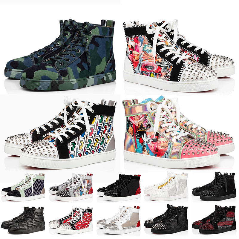 

2022 Red Bottoms Women Mens Designer Casual Shoes Genuine Leather Green Camo Luxury Designers Bottom Spikes Shoe Loafers Trainers Platform Sneakers, A20