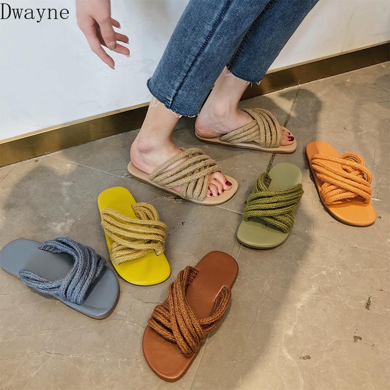 

Slippers 2021 Wild Korean Version Of The Retro Cross-knit Color Rope Flat Women, Blue