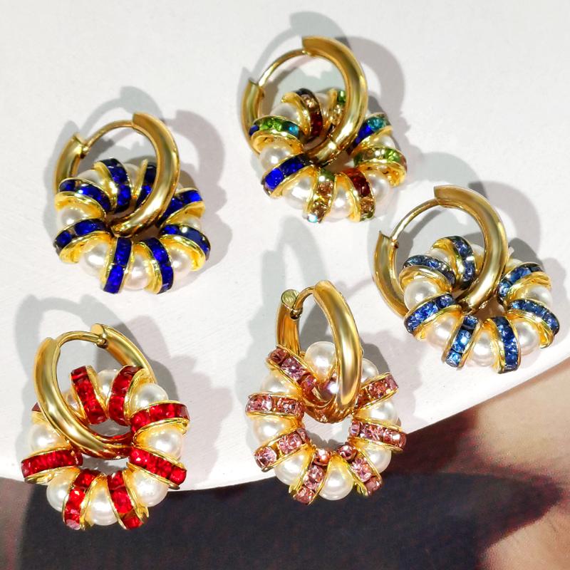 

Hoop & Huggie Boho Colorful Crystal Pearl Earrings For Women Geometry Huggies Aesthetic Ear Ring Golden Stainless Steel Jewelry