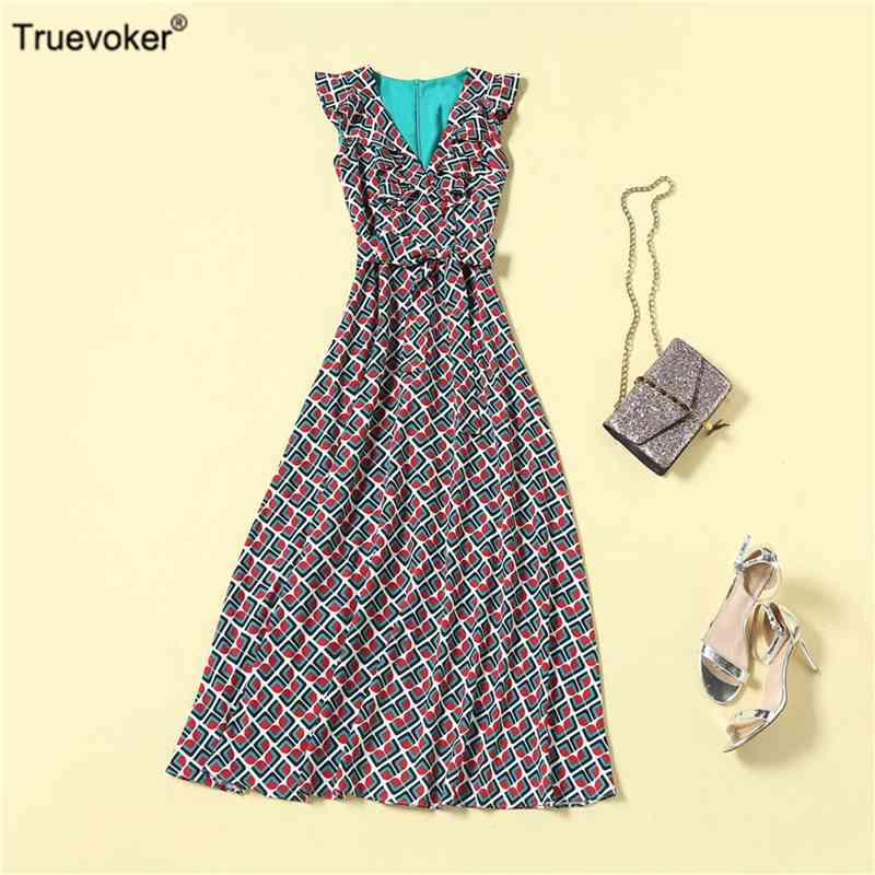 

Truevoker Women Sleeveless Color Block Print Ankle Length Dress High Street Fashion Mujer Festa Vestido 210602, Multi