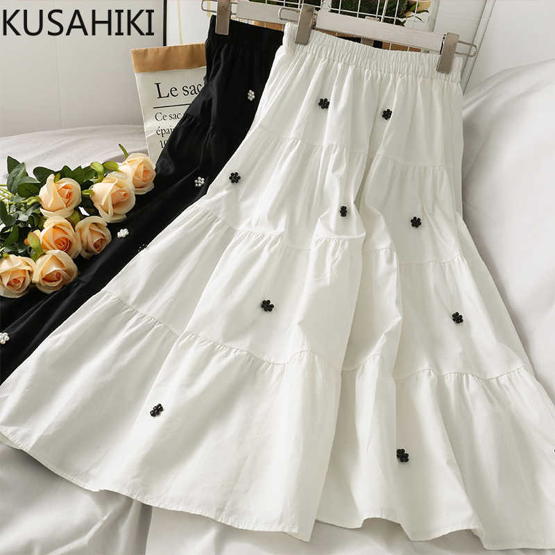 

Korean Sweet Beads Womens Skirts Summer Stretch Waist Bottoms Fashion Patchwork A-line Skirt Mujer Faldas 6H016 210603, Black