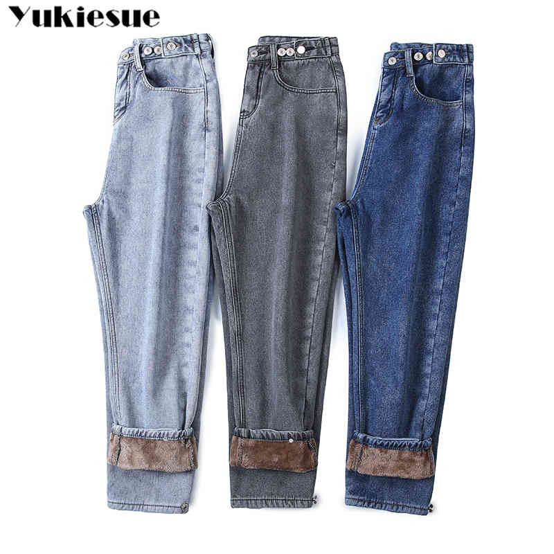 

Winter Thick Fleece Warm Loose mom harem pants Jeans Women High waist casual streetwear female blue denim Plus size XL 210518, Light blue velvet