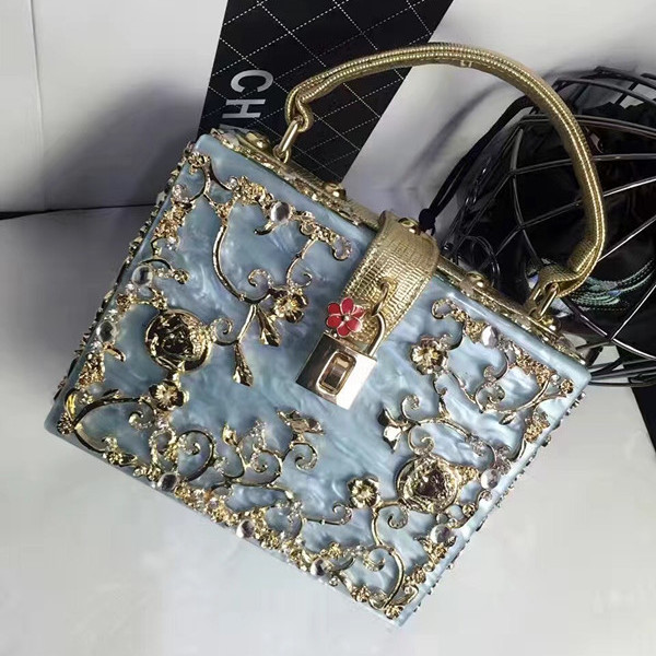 

Factory wholesale women leather shoulder bag exquisite alloy carved handbag elegant atmosphere acrylic chain bags small fresh Diamonds handbags, Fuchsia(boutique box)