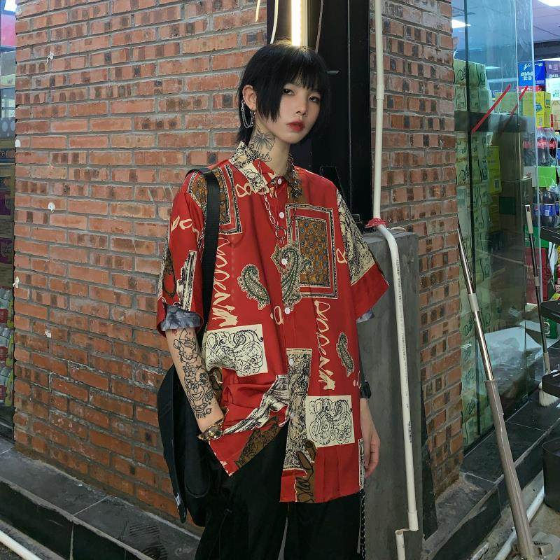 

Street Style Short Sleeve Women Shirt Hip Hop Button Loose Oversize Pluse Size Print Ladies Blouse Summer Female Clothing 210521, Sku