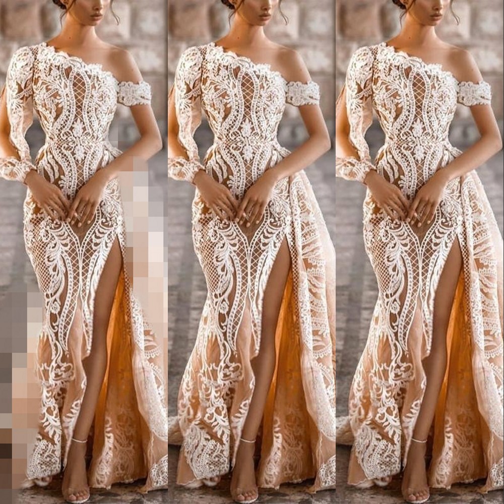 

2023 Mermaid Wedding Dresses Champagne One Shoulder Bridal Gowns Overskirt Thigh Split Long Sleeve White Lace Appliques Detachable Train Beach Formal Plus Size