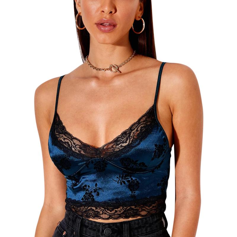 

Women' Tanks & Camis Women Cropped Bustier Clothes Sexy Lace Jacquard Velvet Y2k Camisole Thin Spaghetti Straps Bodycon Slim Tank Crop Top, Black