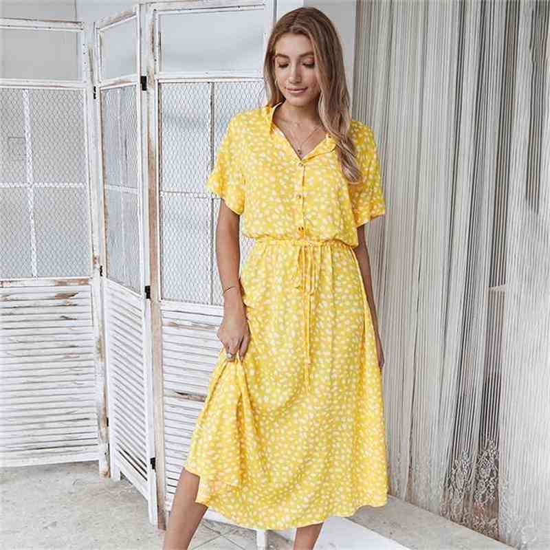 

Fashion Summer Dres Polka Dot Print High Waist Vintage A-Line Elegant Single-Breasted Boho Midi Long es 210701, White