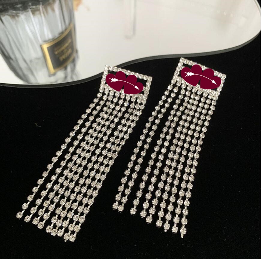 

European and American letters Dangle & Chandelier long tassel geometric rectangular temperament exaggerated star with super flash full diamond earrings
