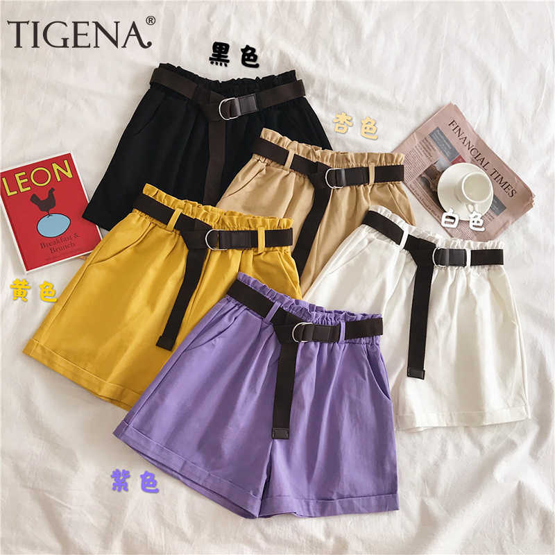 

TIGENA Elastic High Waist Cotton Shorts Women Summer Korean Casual School Short Pants Women Yellow Purple Shorts Female 210611, Black