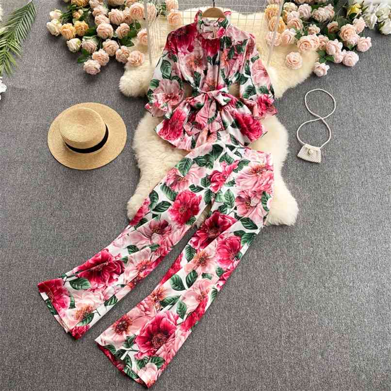

Summer Rose Flower Print 2 pieces set Female Fashion Stand collar Ruffles 3/4 SLeeve Blouse Top and Wide leg Pants Suits Twinset 210602, Red
