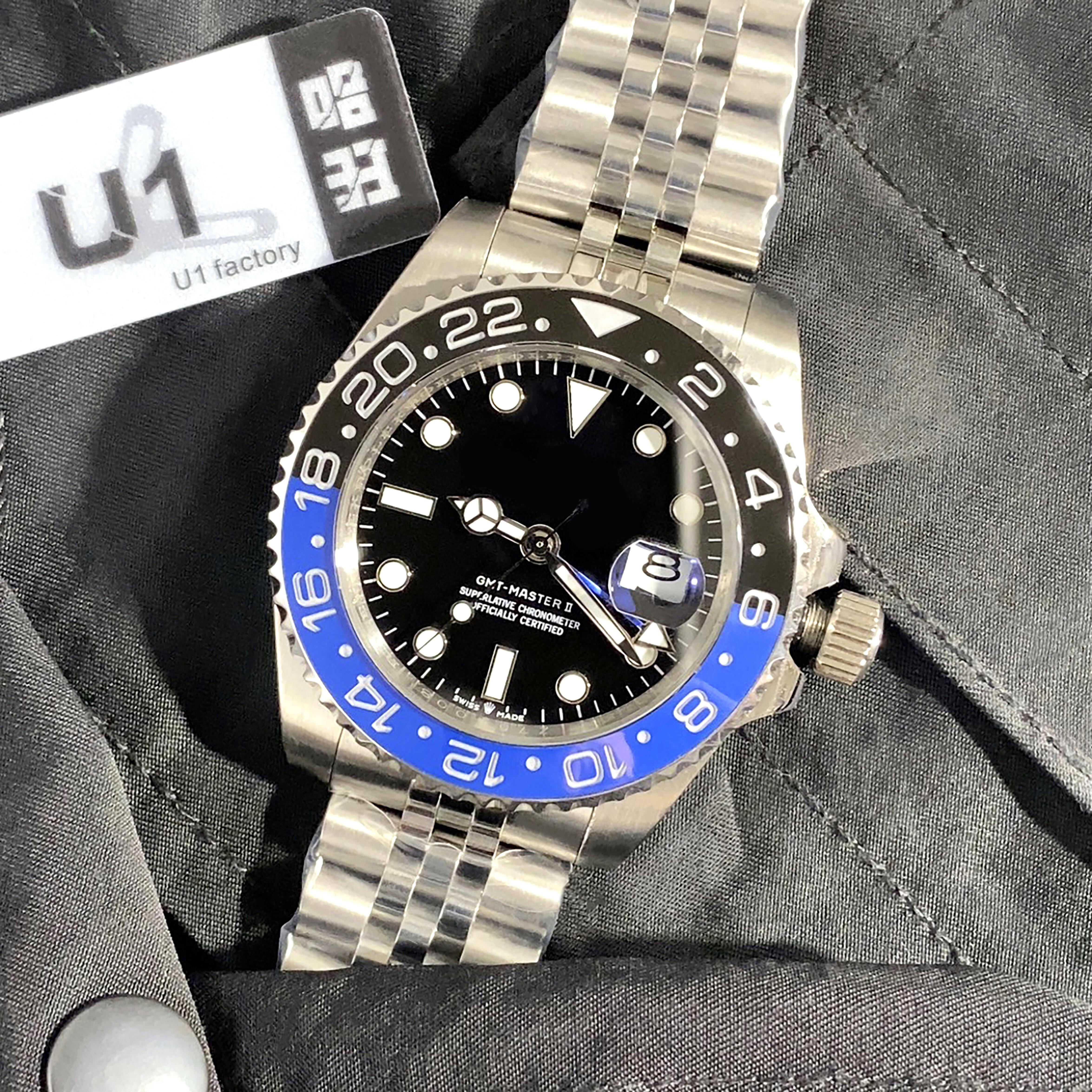 

U1 Greenwich Mean Time Mens Watches 40mm Automatic Mechanical Watch Stainless Steel Blue Black Ceramic Sapphire WristWatches Super luminous, Slivery;brown