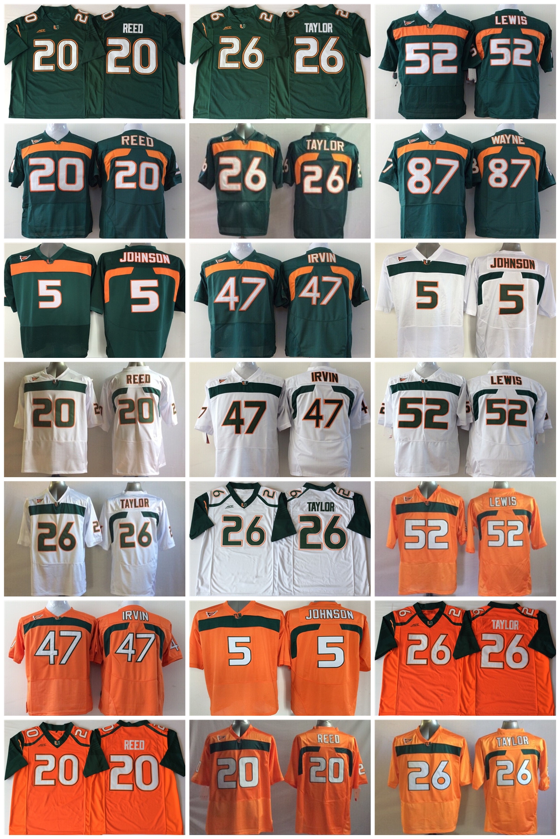 

2021 NCAA America Football Jersey Miami Hurricanes Jerseys 26 Sean Taylor Ray Lewis Ed Reed Reggie Wayne Michael Irvin Andre Johnson White Green Color Stitched, As photo